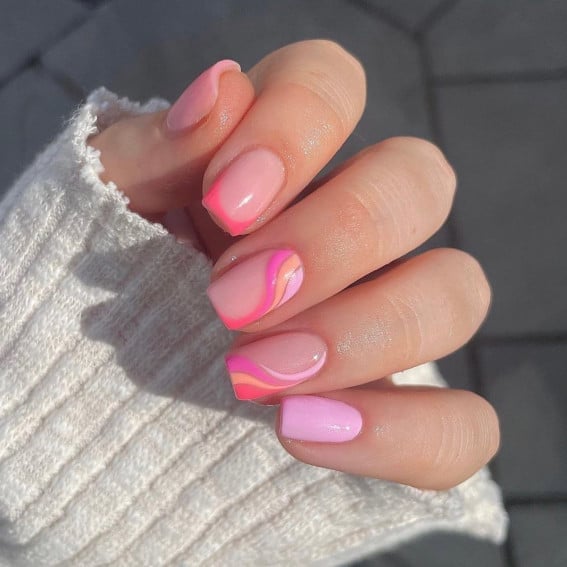 Abstract Swirl French Tip Nails — Squoval Nails