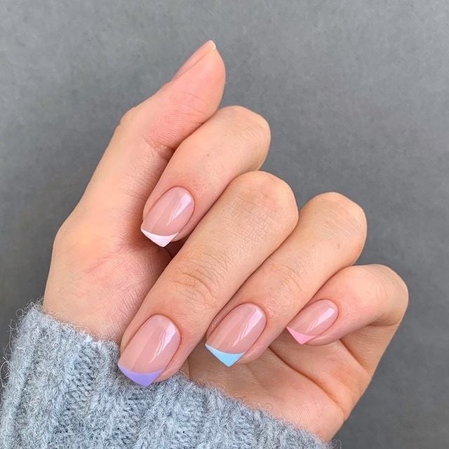 Pastel Colored French Tip Squoval Nails