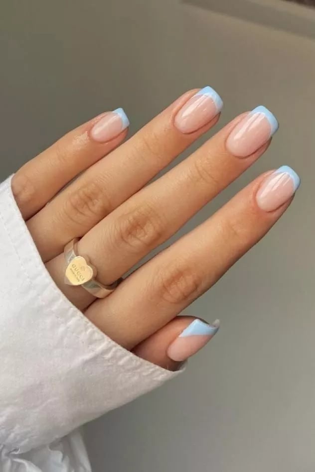 Pastel Blue French Tip Squoval Nails, короткий квадрат