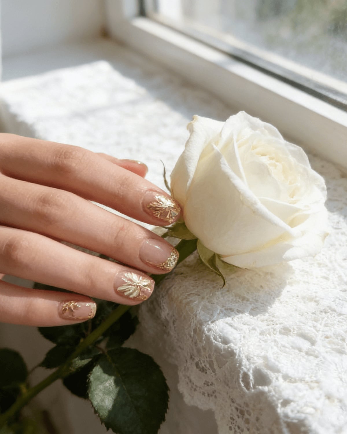 Nude Squoval with Gold Foil Flowers — Squoval Nails