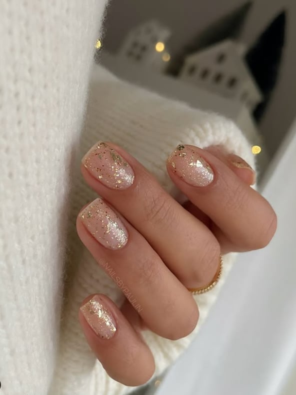 Nude Squoval with Scattered Gold Flakes — Squoval Nails