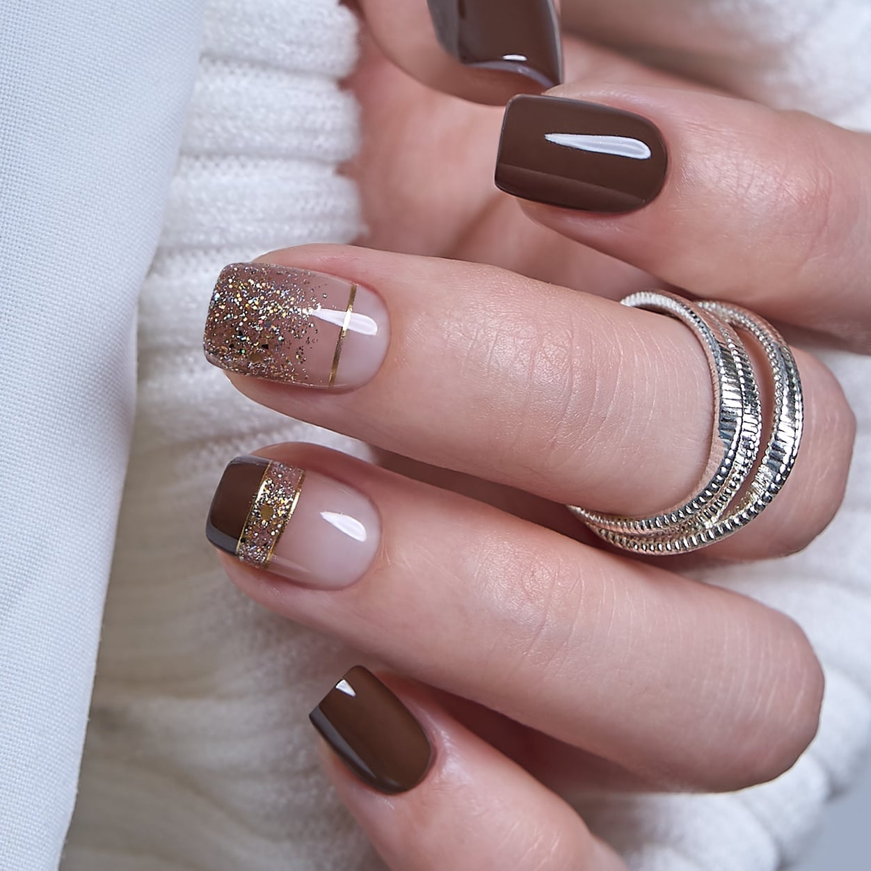 Brown Squoval with Gold Accents — Squoval Nails