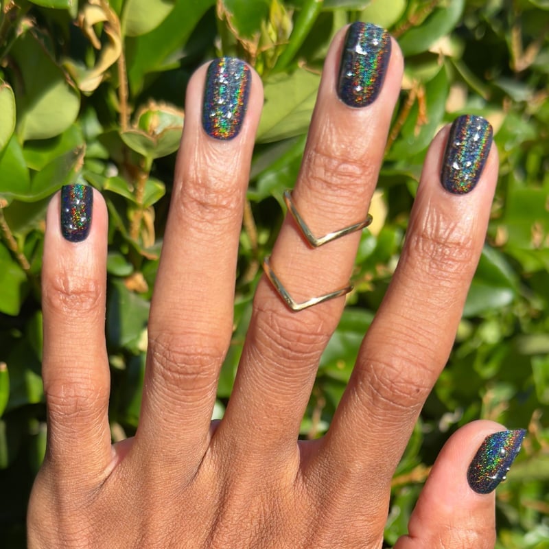 Holographic Dark Squoval with Celestial Art — Squoval Nails