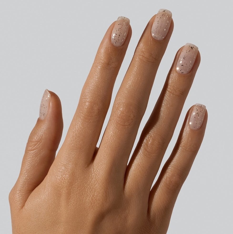 Nude Beige Square with Gold Glitter — Squoval Nails