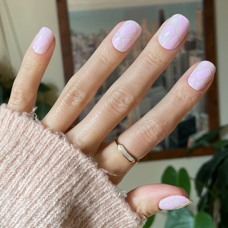 Soft Pink Square with Gray Geometric Art — Squoval Nails