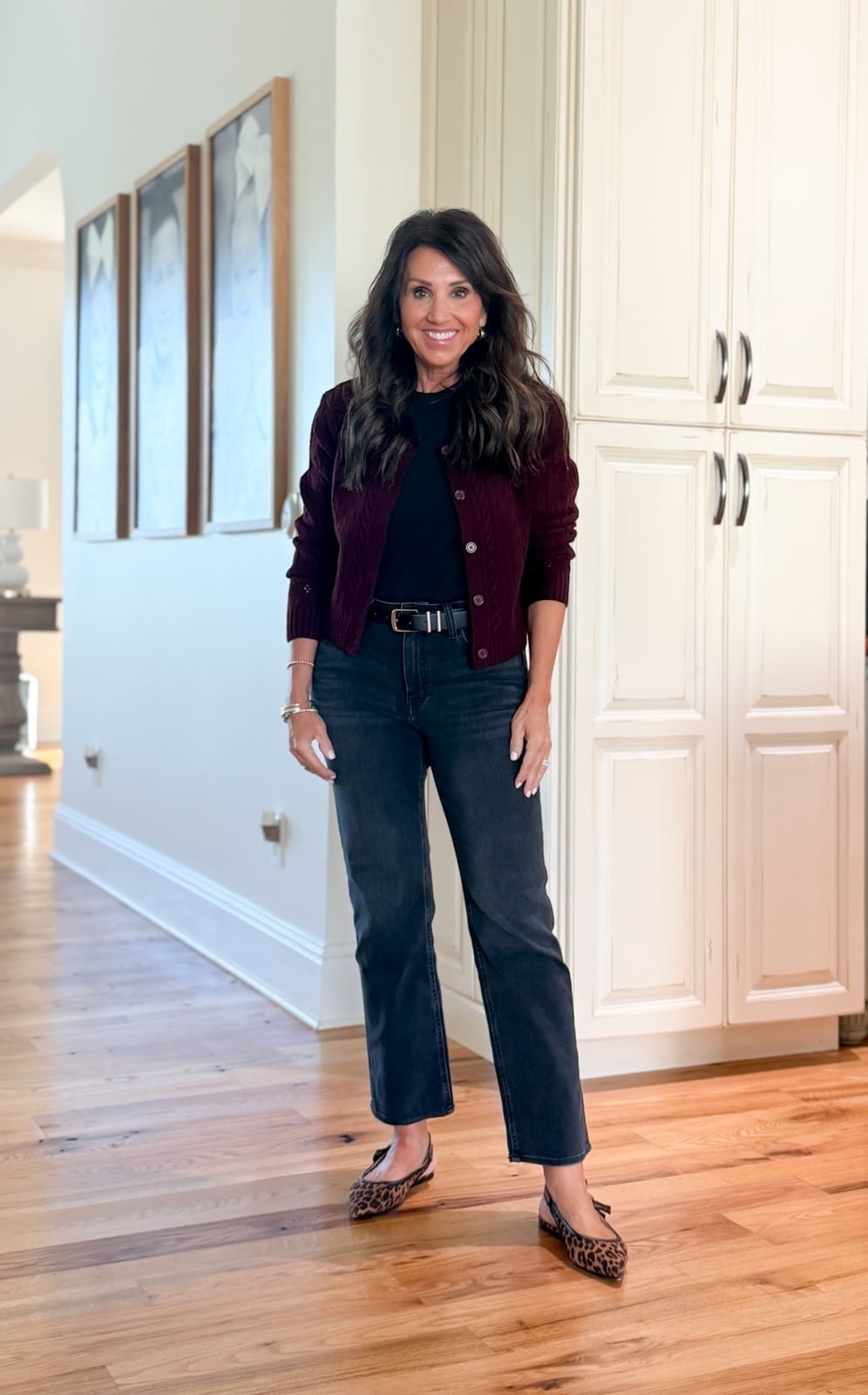 Burgundy Cardigan With Gray Straight Leg Jeans — Straight Leg Jeans Outfits