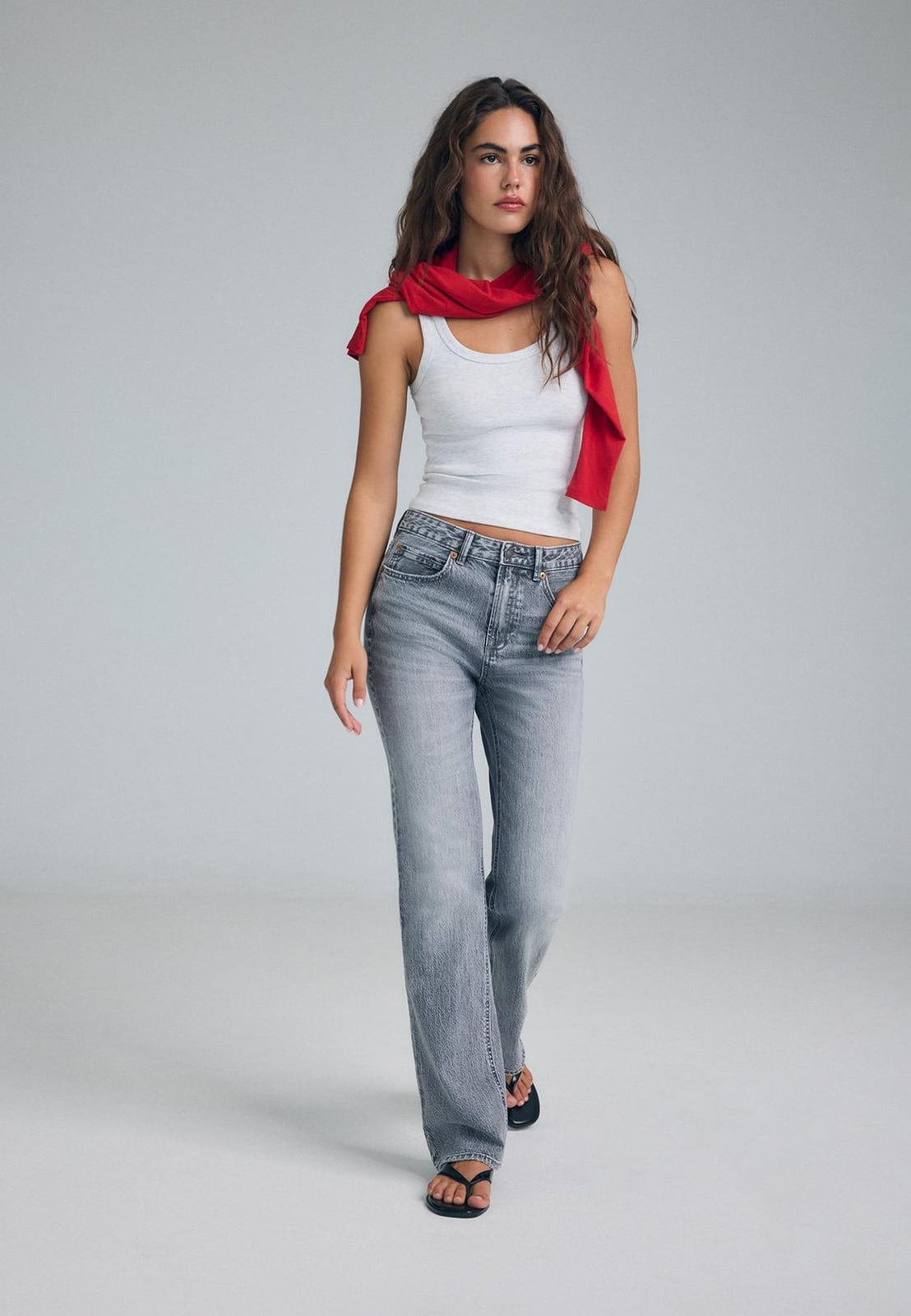 Red Scarf With Gray Wide Leg Jeans — Straight Leg Jeans Outfits