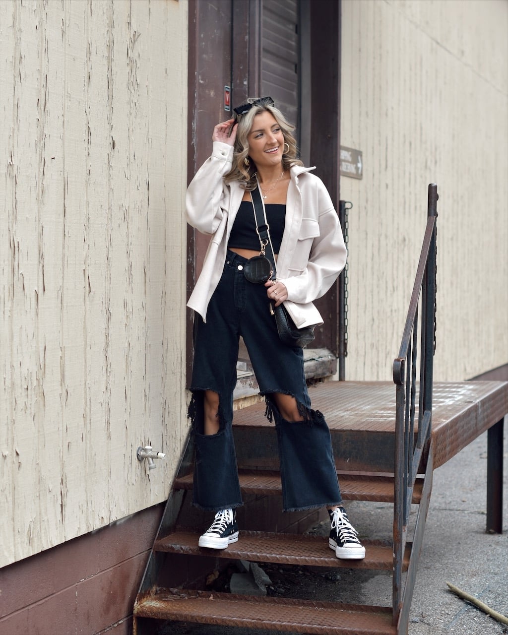 Ripped Black Straight Leg Jeans With Shirt Jacket — Straight Leg Jeans Outfits