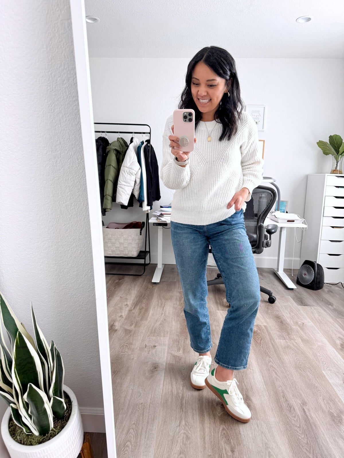 Textured Sweater With Straight Leg Jeans and Sneakers — Straight Leg Jeans Outfits