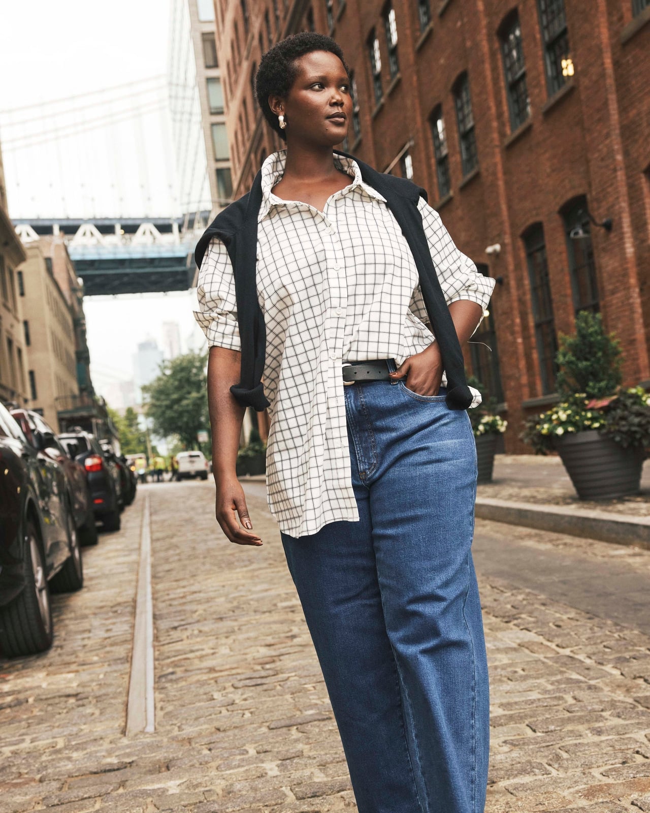 Checkered Shirt With Straight Leg Jeans and Draped Sweater — Straight Leg Jeans Outfits