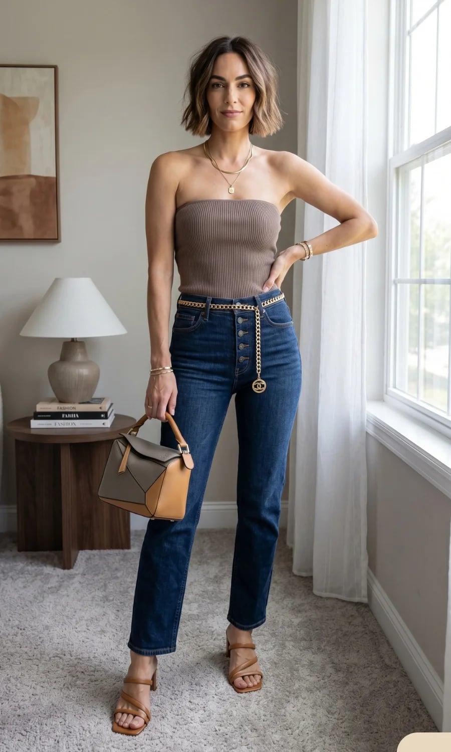 Gold Chain Belt With Strapless Top and Straight Leg Jeans — Straight Leg Jeans Outfits