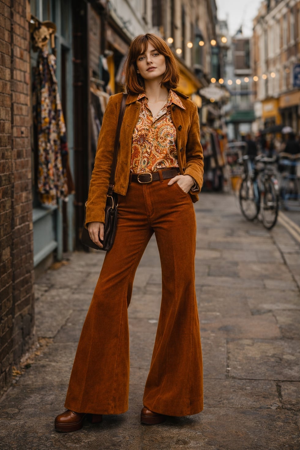 Rust Corduroy Flares With Paisley Shirt and Suede Jacket Rust Corduroy Flares With Paisley Shirt and Suede Jacket — Trendy 70s Style