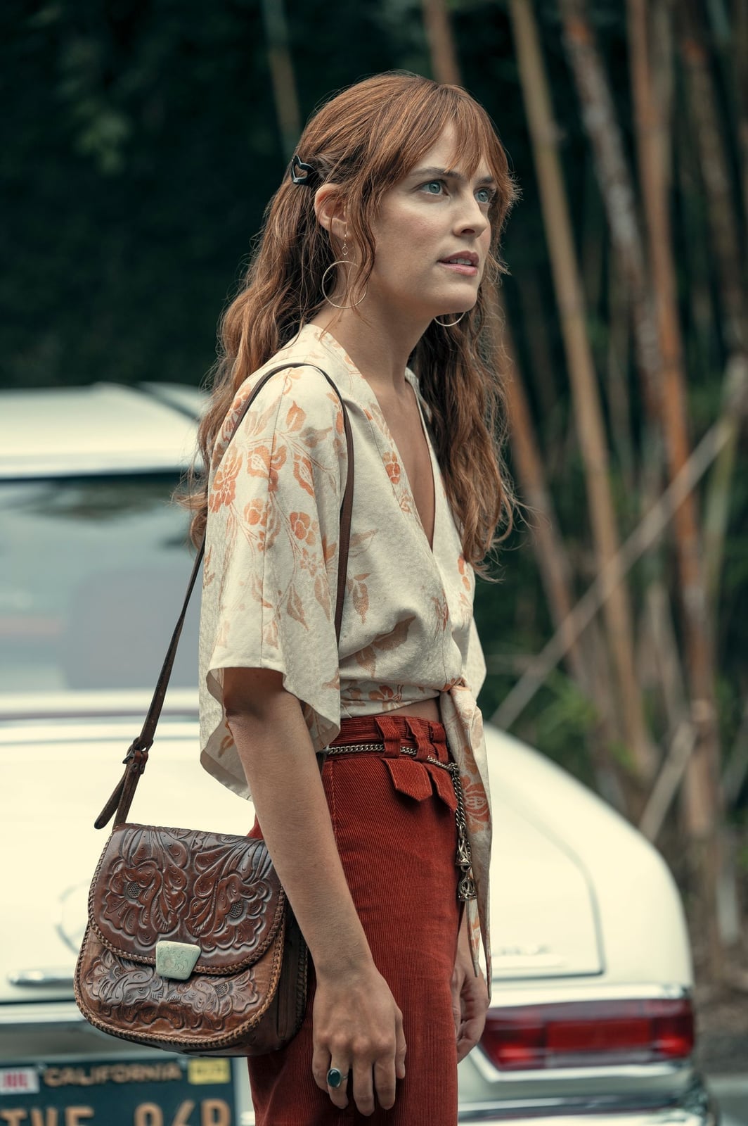 Printed Wrap Blouse With Corduroy Flared Trousers Printed Wrap Blouse With Corduroy Flared Trousers — Trendy 70s Style