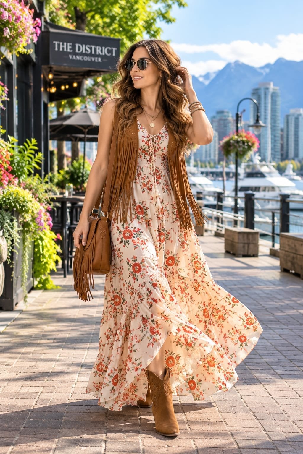 Cream Floral Maxi Dress With Suede Fringe Vest Cream Floral Maxi Dress With Suede Fringe Vest — Trendy 70s Style