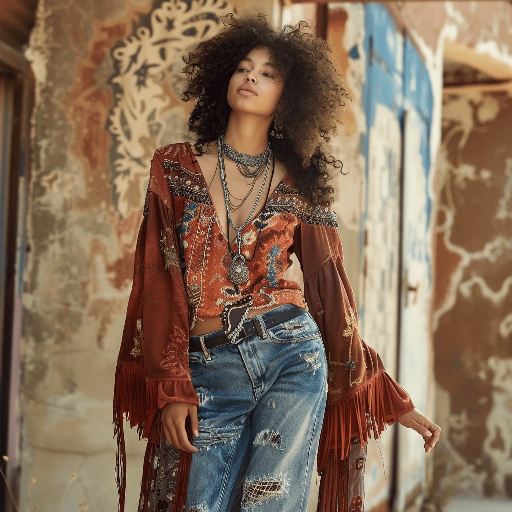 Embroidered Tunic Top With Distressed Wide-Leg Jeans Embroidered Tunic Top With Distressed Wide-Leg Jeans — Trendy 70s Style
