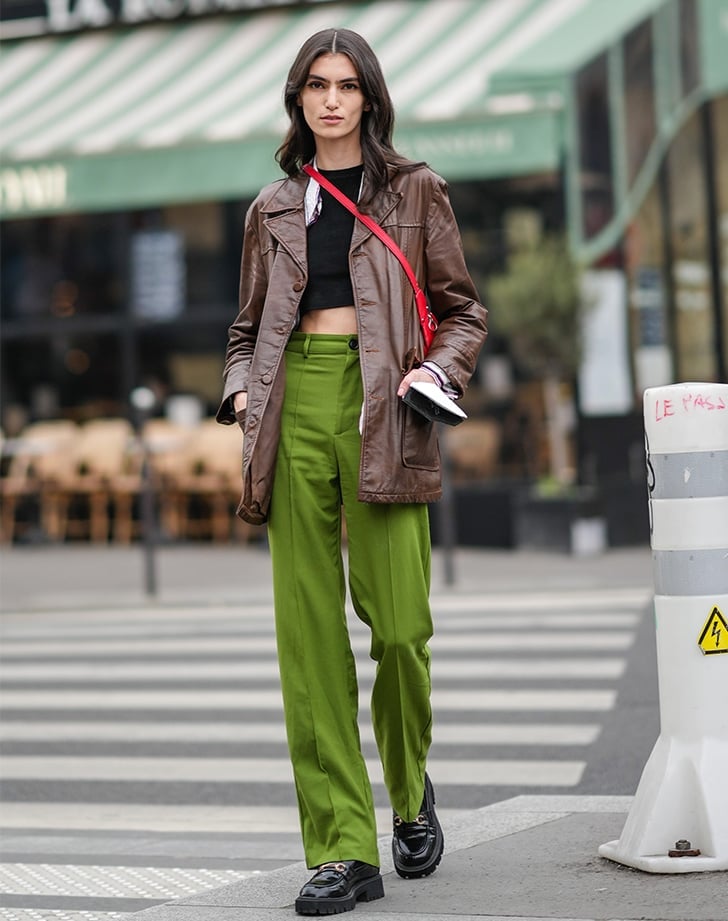 Brown Leather Blazer With Green Wide-Leg Pants Brown Leather Blazer With Green Wide-Leg Pants — Trendy 70s Style
