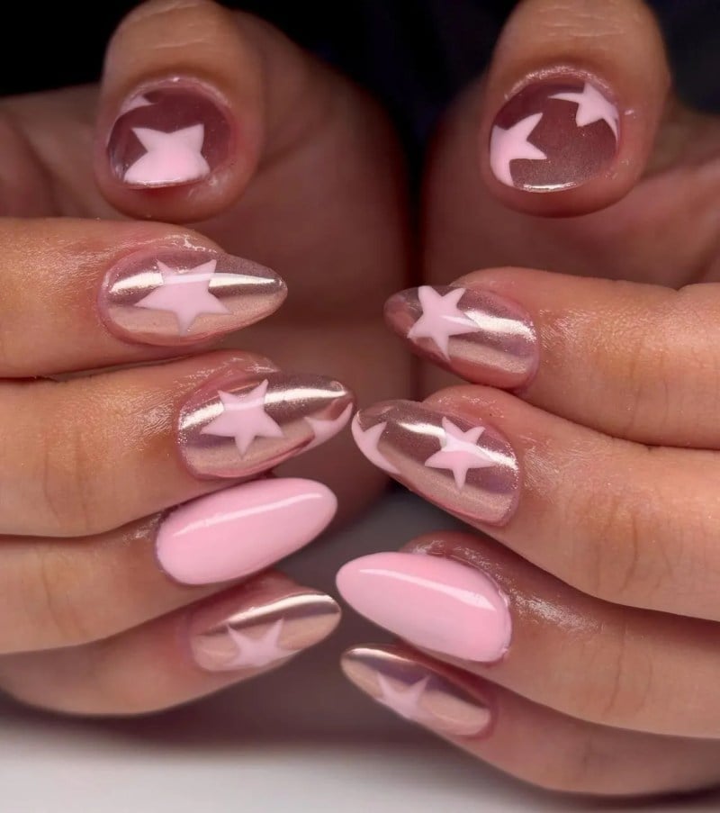 Light Pink With Rose Gold Star Cutout Medium Almond Nails Light Pink With Rose Gold Star Cutout Medium Almond Nails — Trendy Almond Nails
