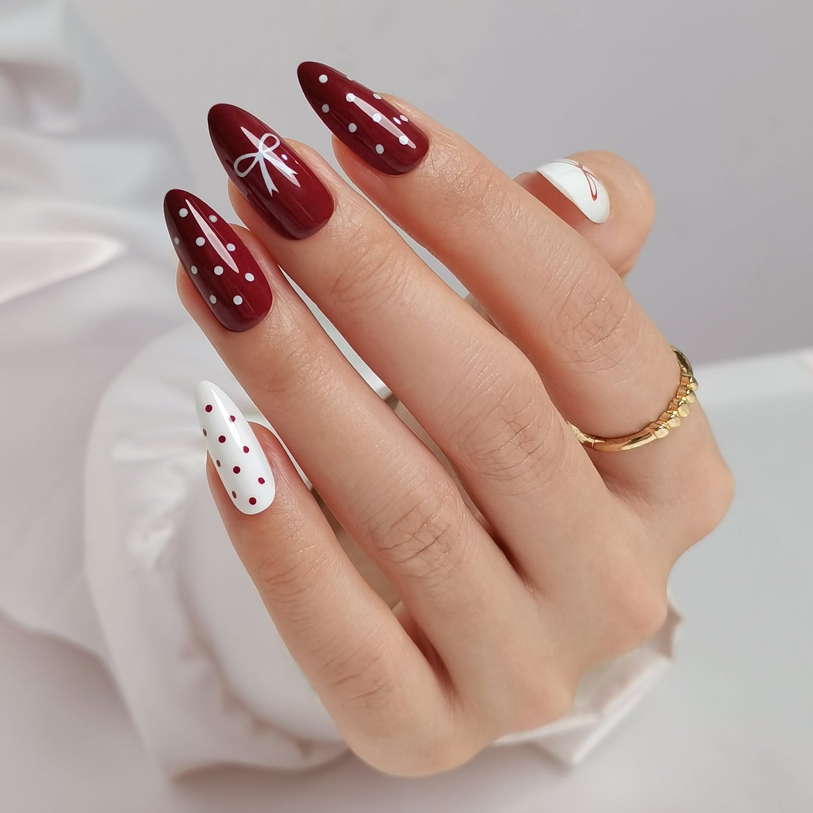 Dark Red Polka Dot Bow Long Almond Nails Dark Red Polka Dot Bow Long Almond Nails — Trendy Almond Nails