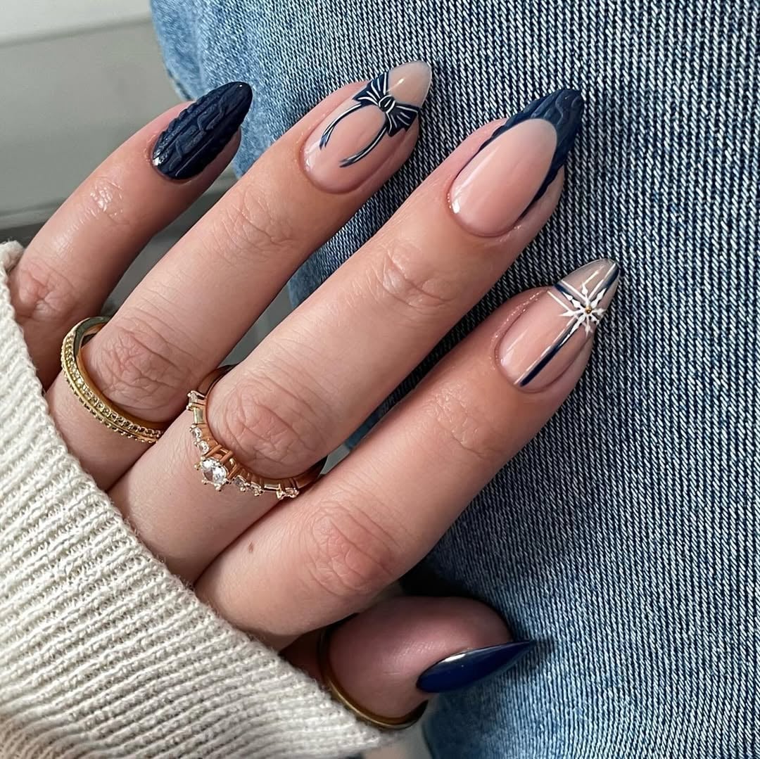 Nude Dark Blue French Line Art Long Almond Nails Nude Dark Blue French Line Art Long Almond Nails — Trendy Almond Nails