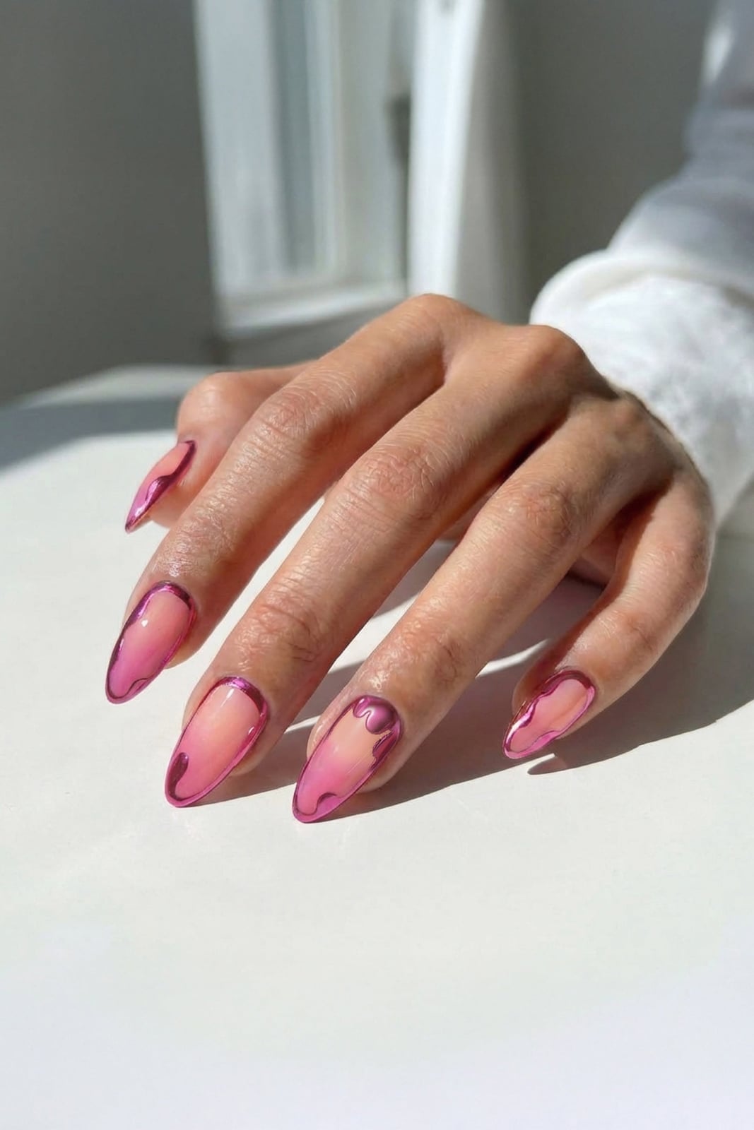 Transparent Pink Jelly 3D Metallic Outline Long Almond Nails Transparent Pink Jelly 3D Metallic Outline Long Almond Nails — Trendy Almond Nails
