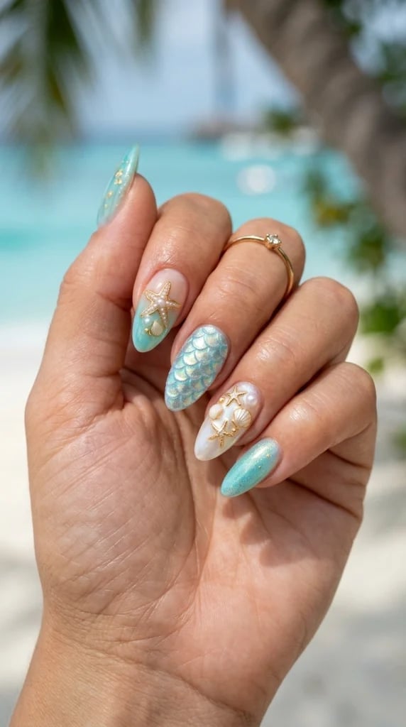 Light Blue Iridescent Summer Shell Long Almond Nails Light Blue Iridescent Summer Shell Long Almond Nails — Trendy Almond Nails