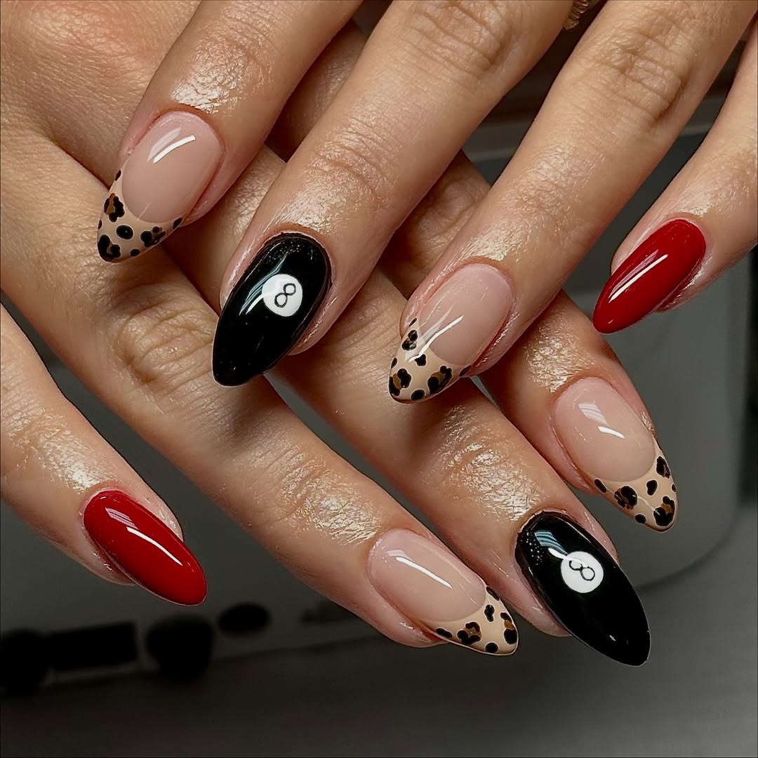 Almond Nails With Leopard Print Red And Number 8 Almond Nails With Leopard Print Red And Number 8 — Trendy Almond Nails