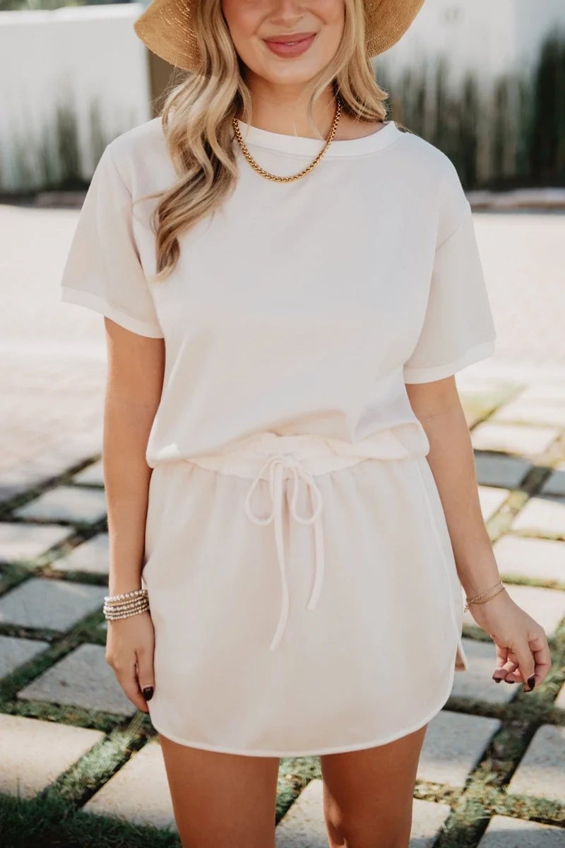Off-white t-shirt dress with drawstring waist — Trendy Beige Outfits