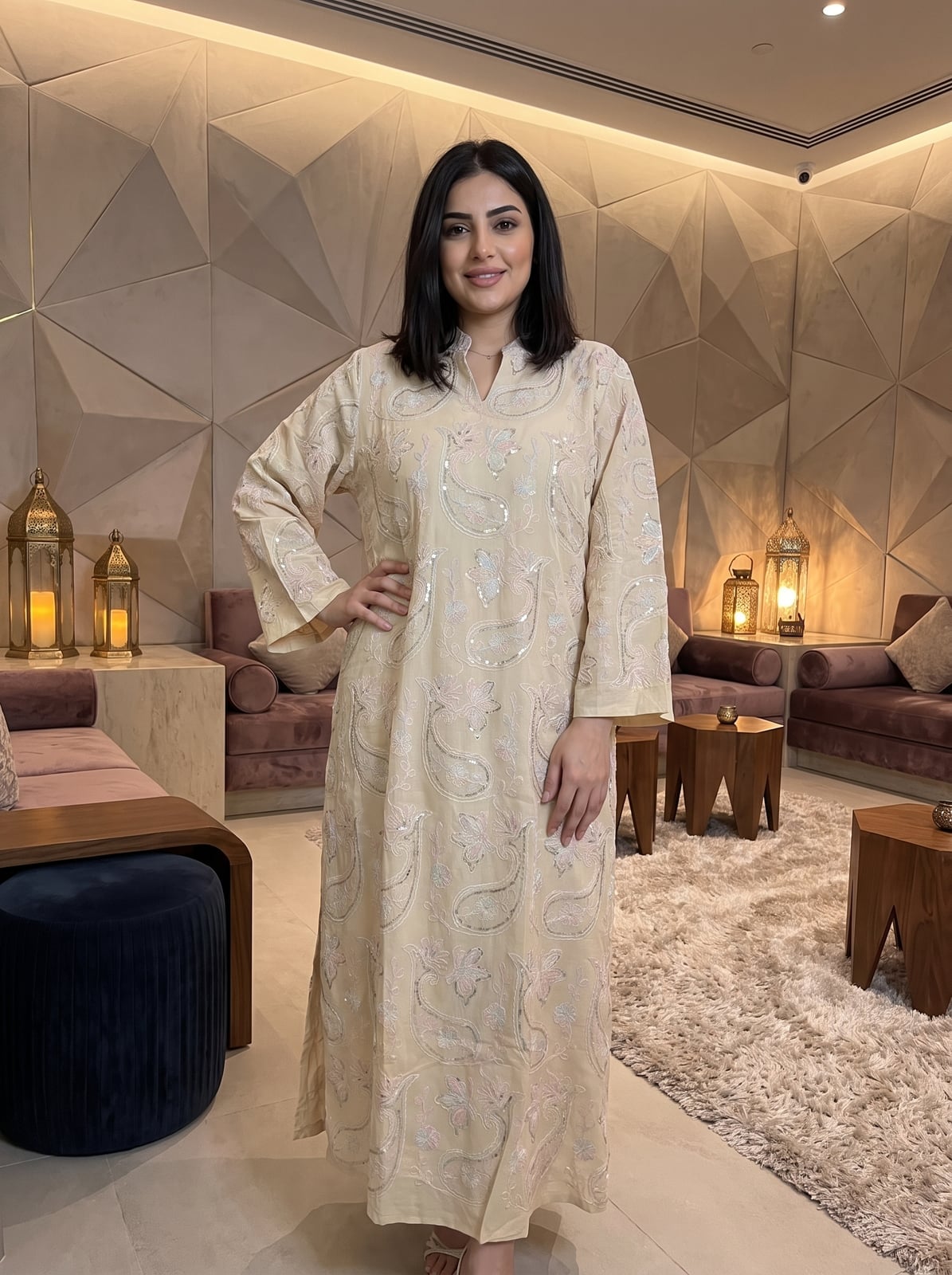 Beige kaftan dress with paisley embroidery — Trendy Beige Outfits