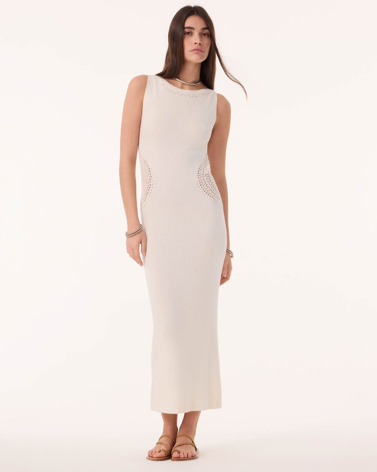 Ecru knit midi dress with crochet details — Trendy Beige Outfits