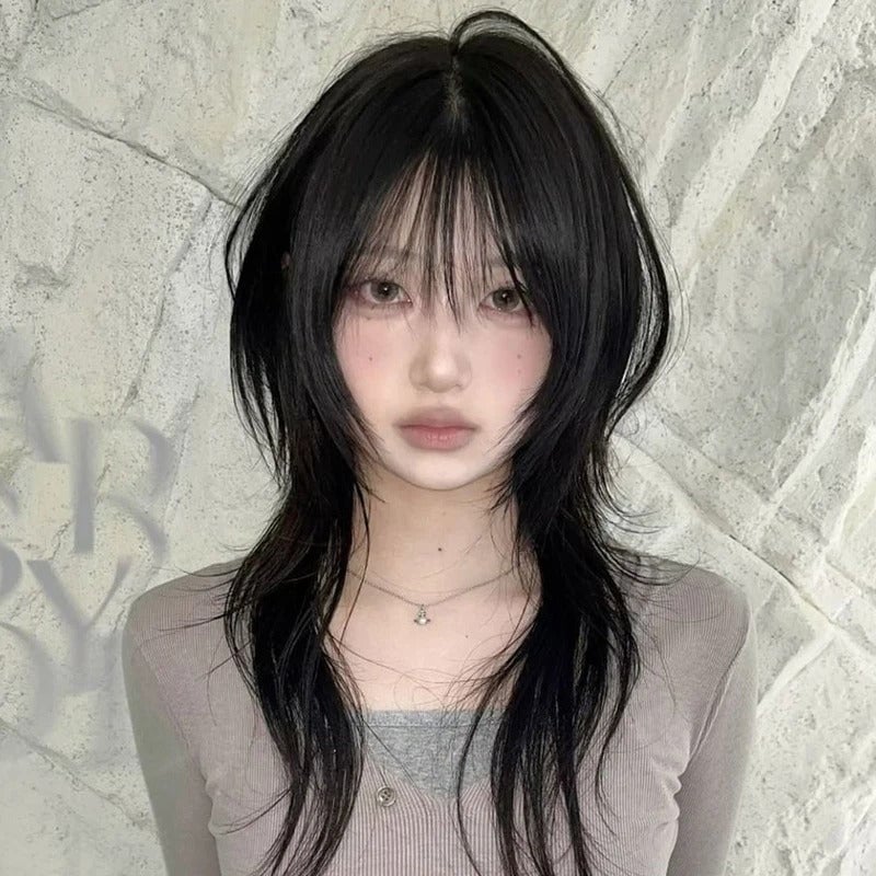Shag Black Wig With Curtain Bangs — Trendy Black Wig