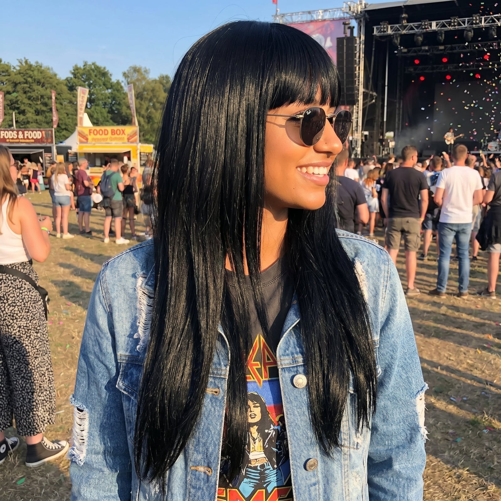 Collarbone Layers With Full Bangs Side View — Trendy Black Wig