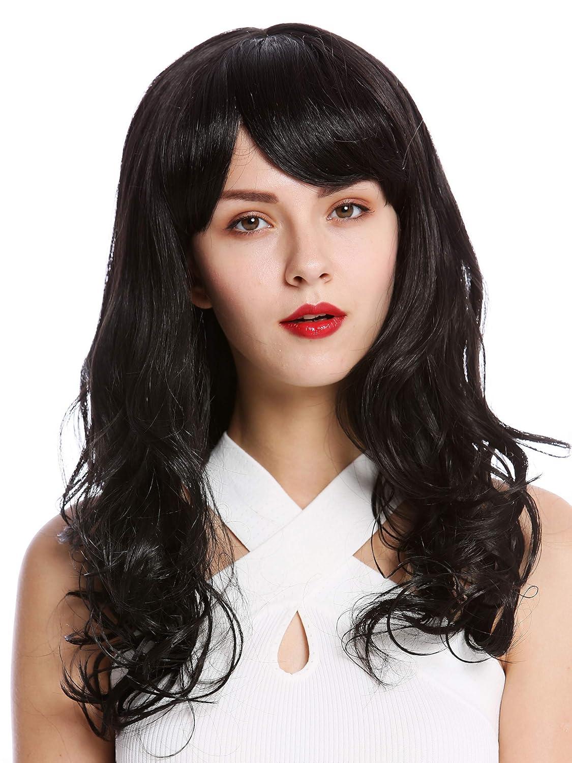 Mid-Back Black Hair With Loose Waves And Bangs — Trendy Black Wig