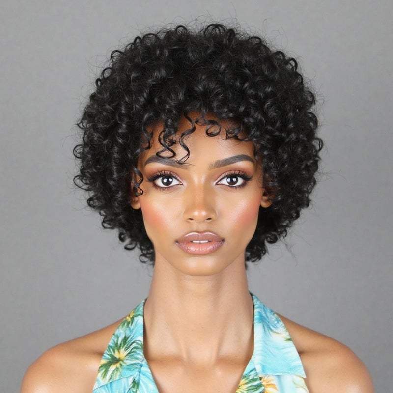 Short Kinky Curly Pixie With Bangs — Trendy Black Wig