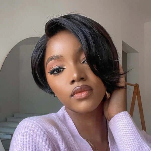 Textured Black Pixie With Side Sweep — Trendy Black Wig