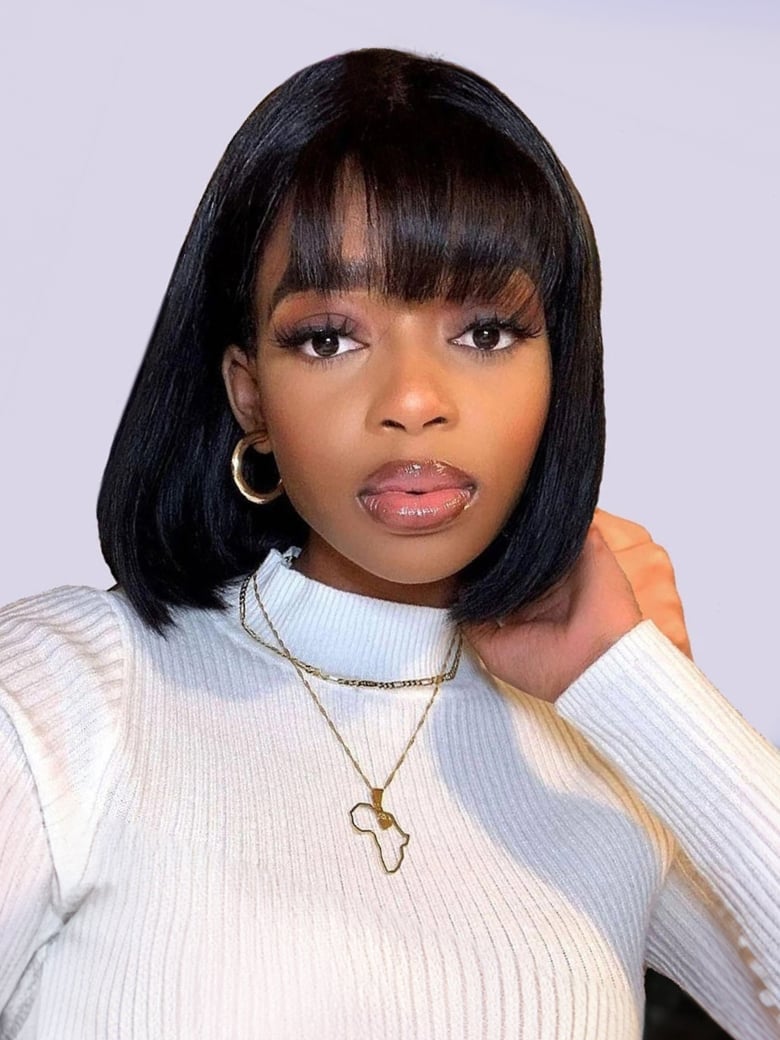 Sharp Black Bob With Blunt Full Bangs — Trendy Black Wig
