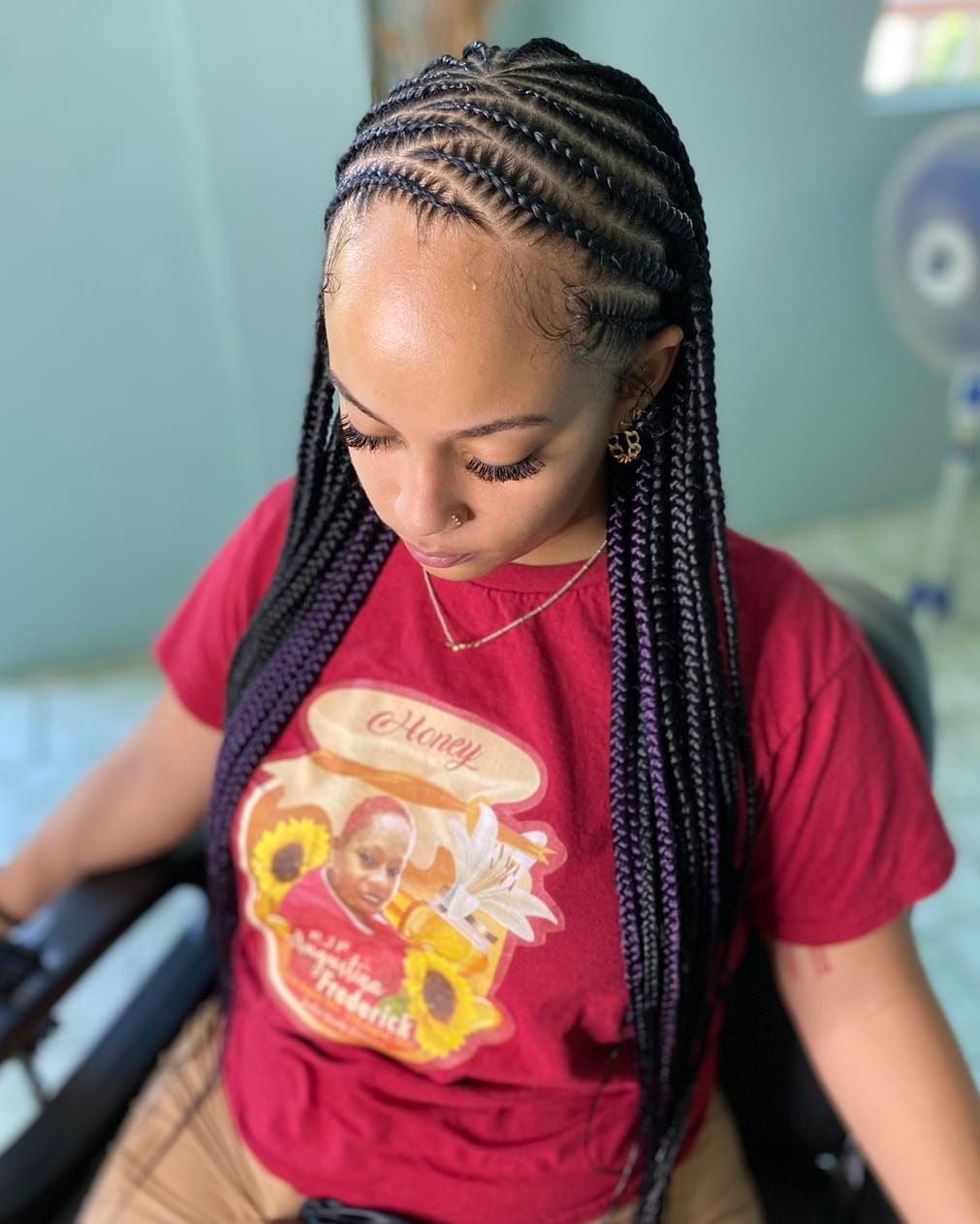 Long Cornrows with Purple Highlights — Trendy Braids to the Back