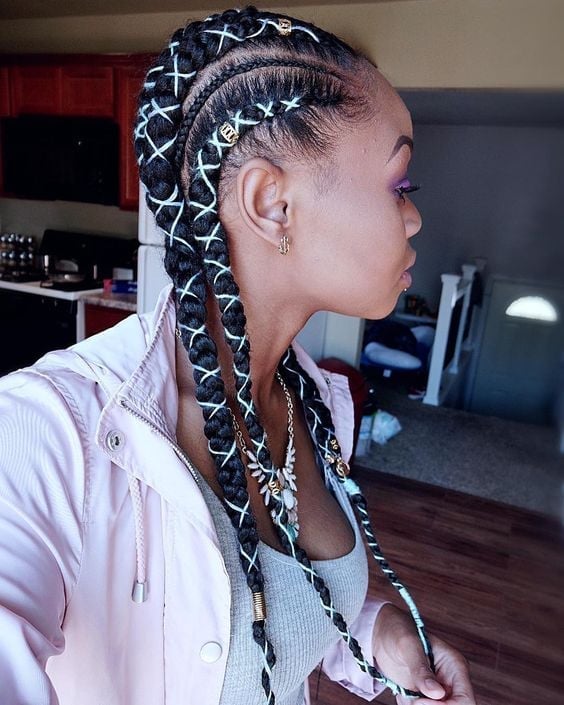 Cornrows with White and Blue Thread Accents — Trendy Braids to the Back