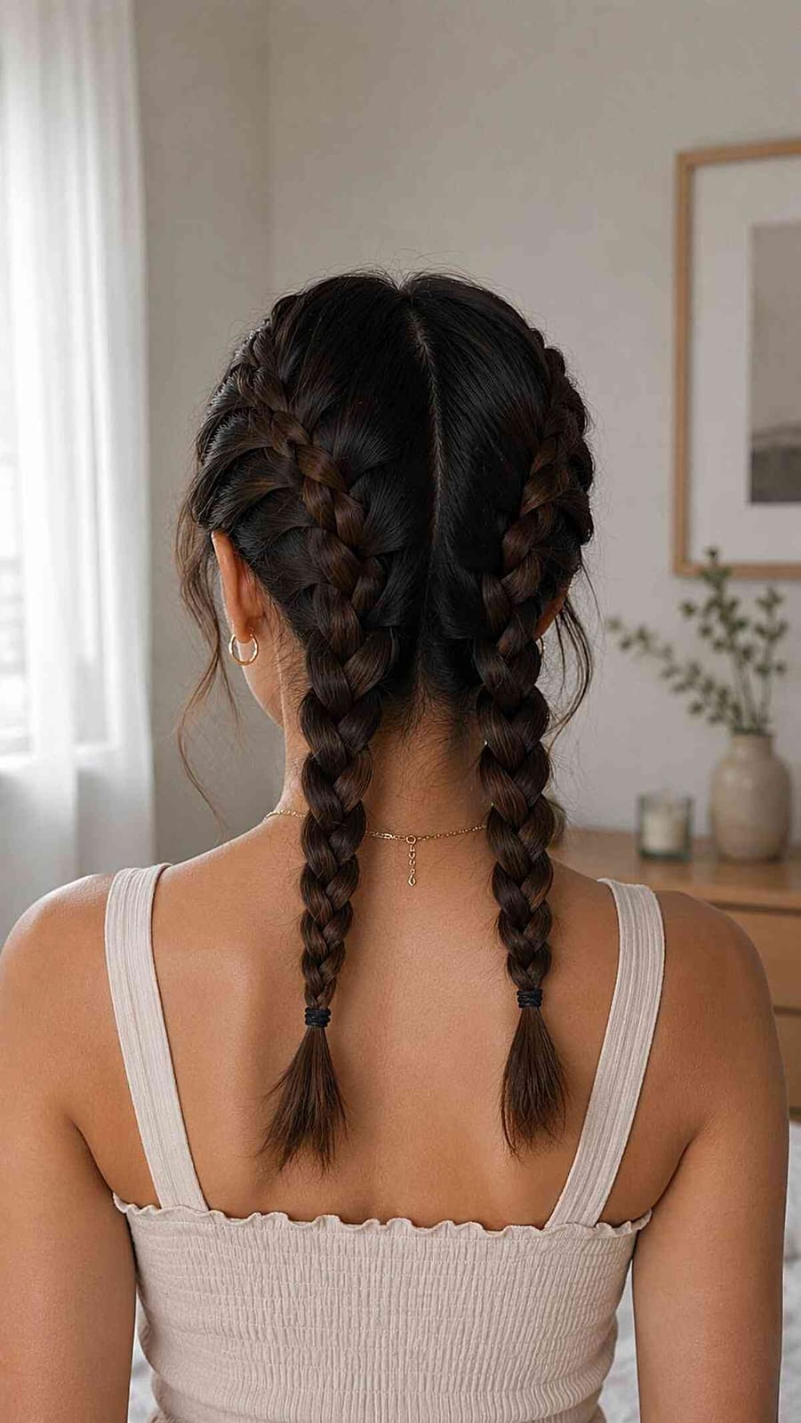 Two Thick Dark Brown Dutch Braids — Trendy Braids to the Back