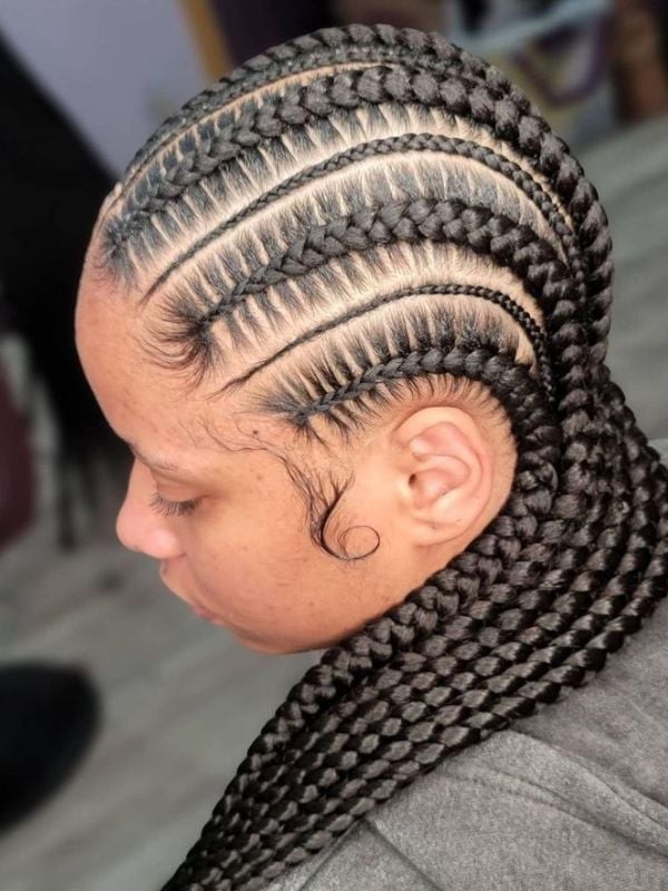 Black Stitch Braids with Geometric Pattern — Trendy Braids to the Back