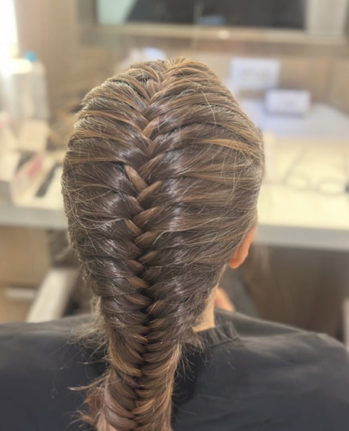 Brown Fishtail Braid with Blonde Highlights — Trendy Braids to the Back
