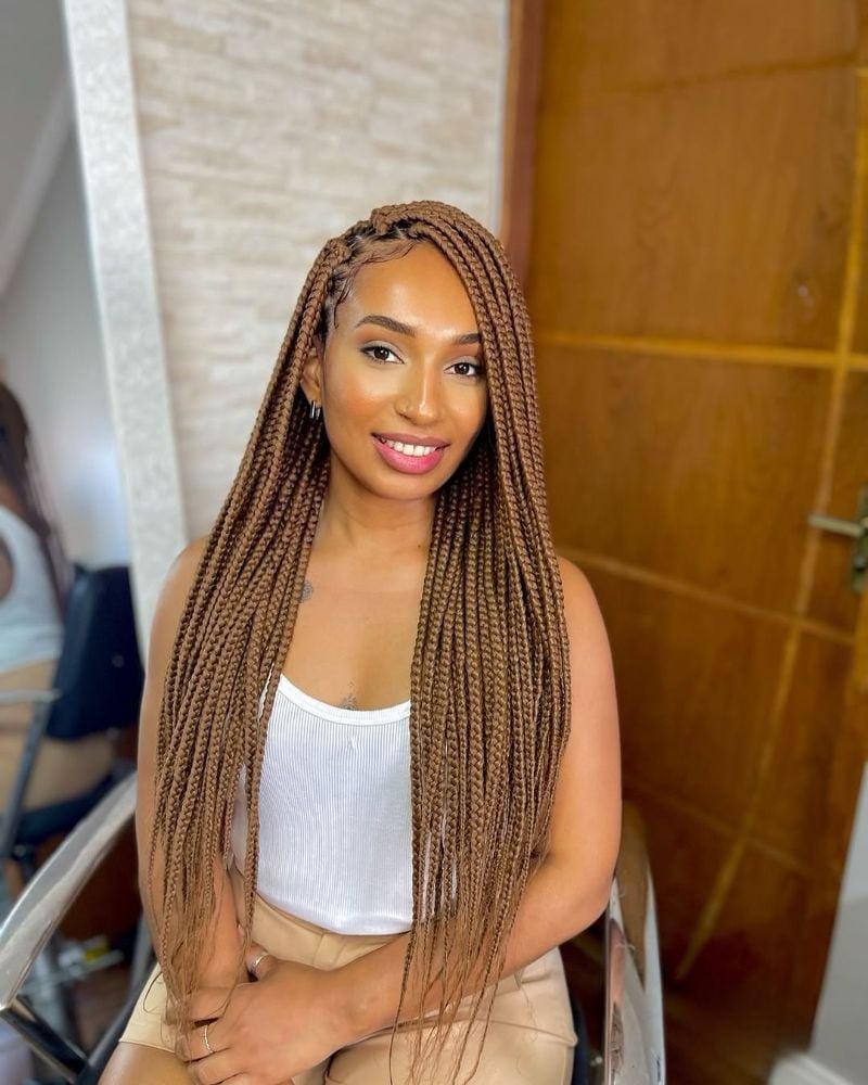 Long Brown Box Braids with Side Part — Trendy Braids to the Back