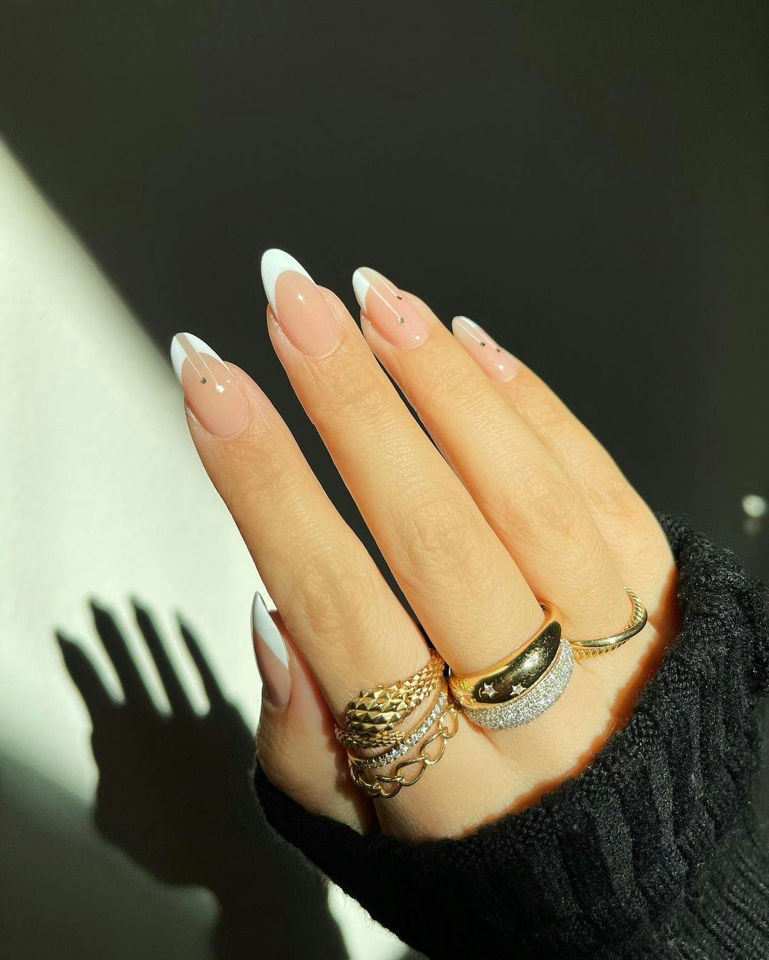 Almond French Nails With Cuticle Rhinestones — Trendy Bridal Nails