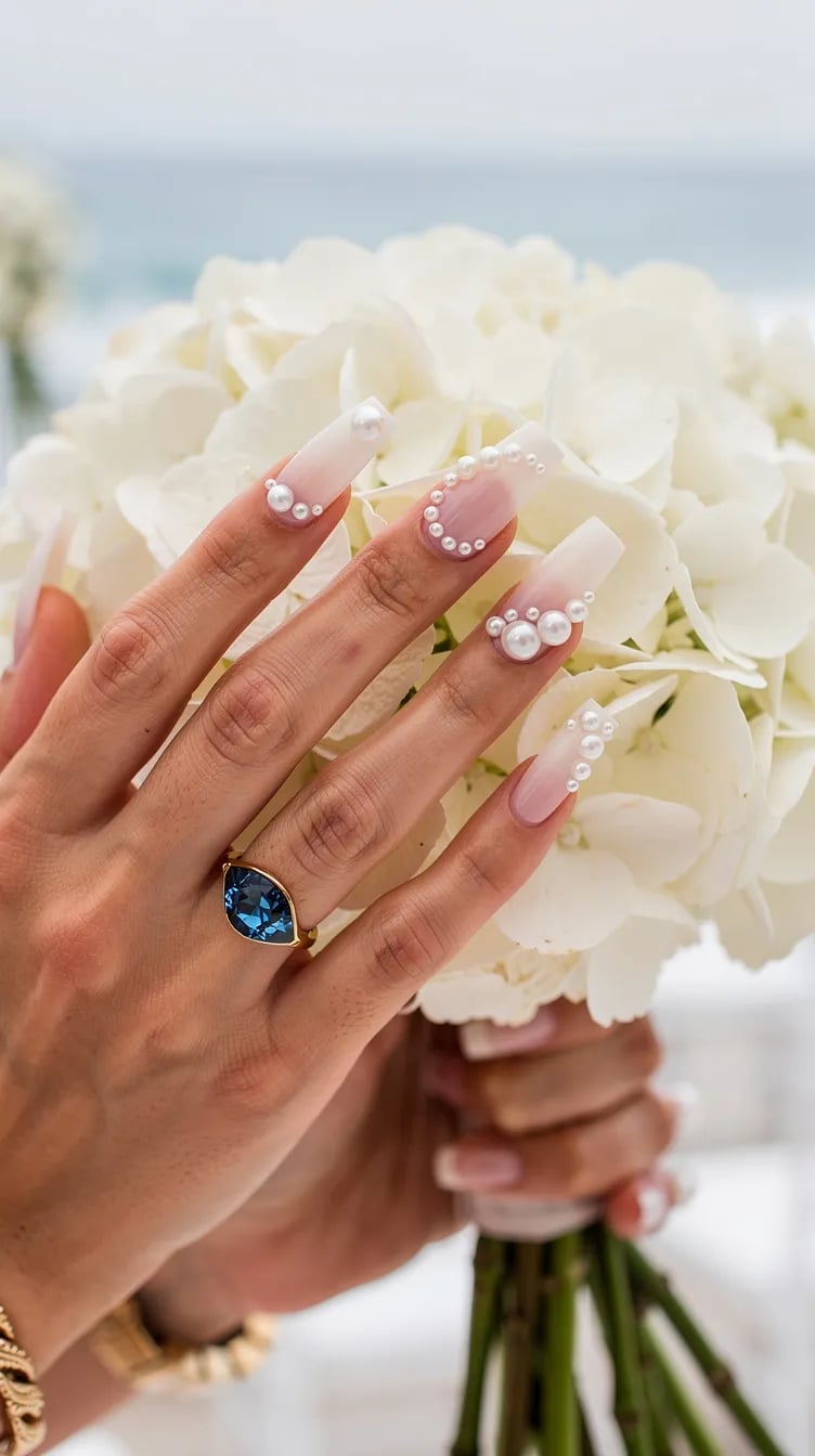 Long Square Gradient Nails With Pearl and Rhinestone Trim — Trendy Bridal Nails
