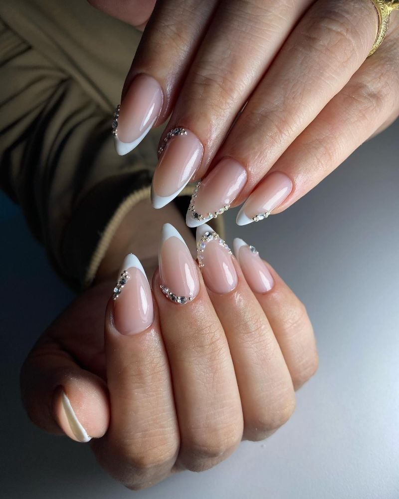 Medium Stiletto French Nails With Rhinestone Accents — Trendy Bridal Nails