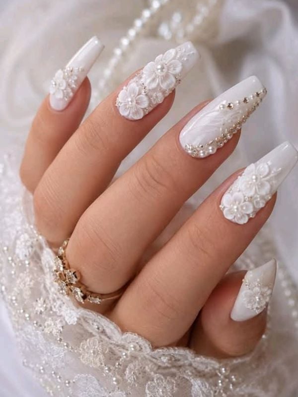 Short Stiletto Nails With 3D Flowers and Pearls — Trendy Bridal Nails