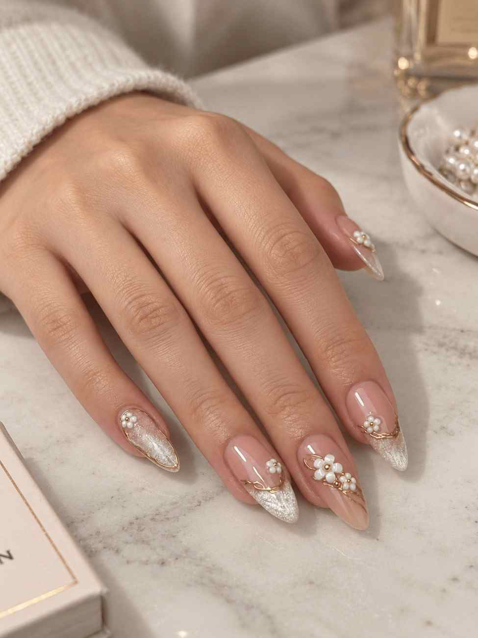 Long Stiletto Nails With Floral Chains and Glitter French — Trendy Bridal Nails