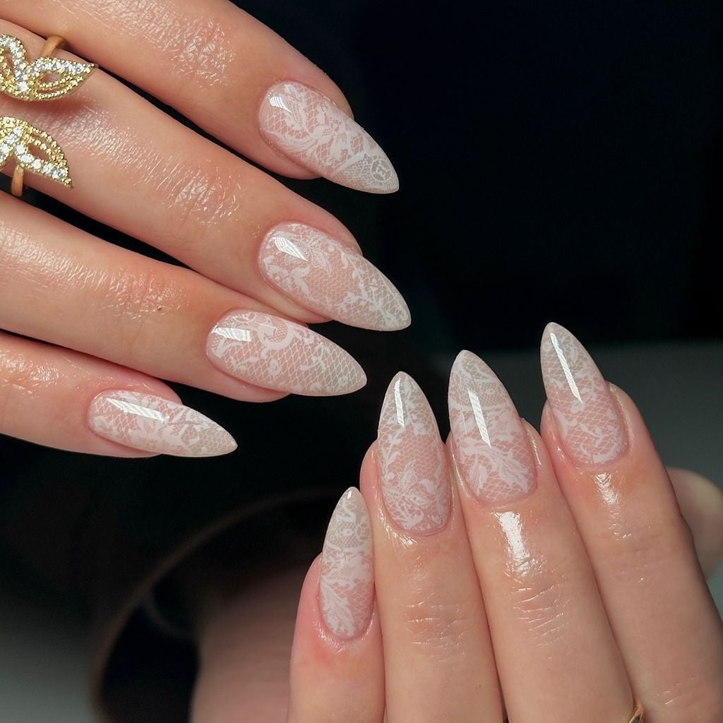 Medium Almond Nails With Intricate White Lace Pattern — Trendy Bridal Nails