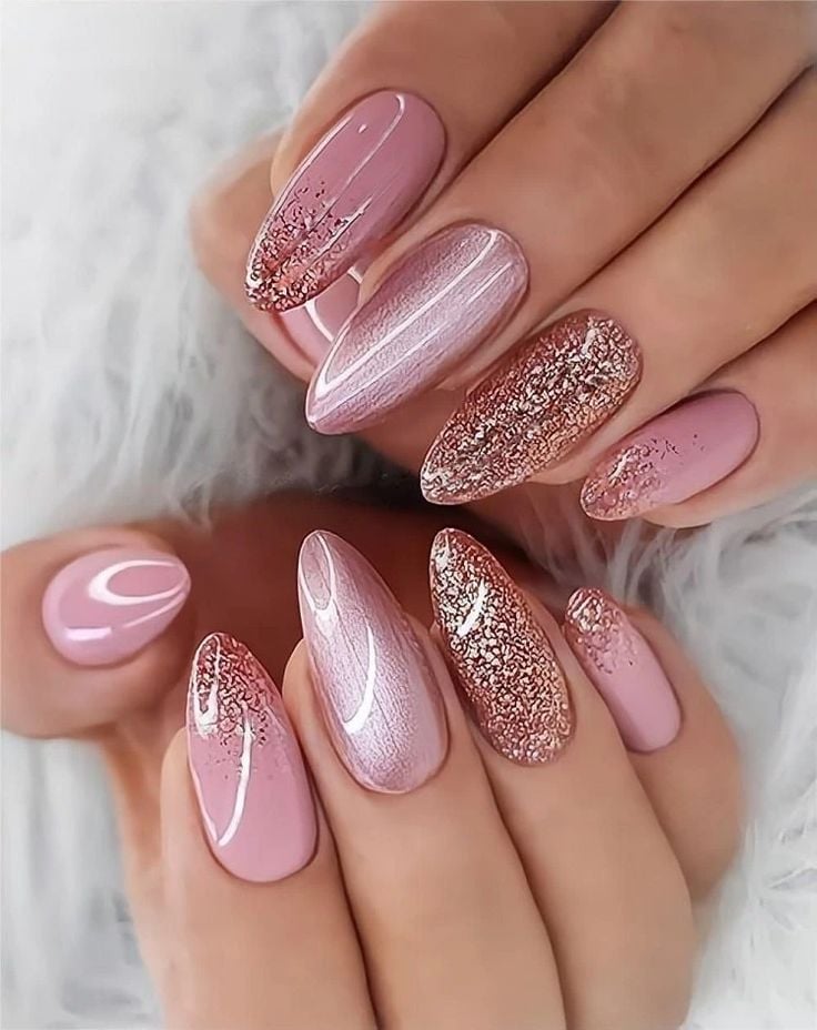Medium Almond Nails With Pink Cat-Eye and Glitter — Trendy Bridal Nails