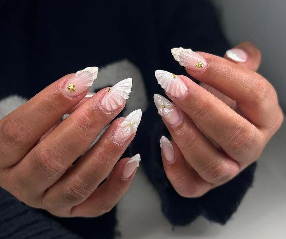 Almond Nails With 3D White Petal Embellishments — Trendy Bridal Nails