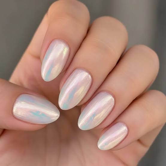 Oval Nails With Iridescent Milky Mother-of-Pearl Finish — Trendy Bridal Nails